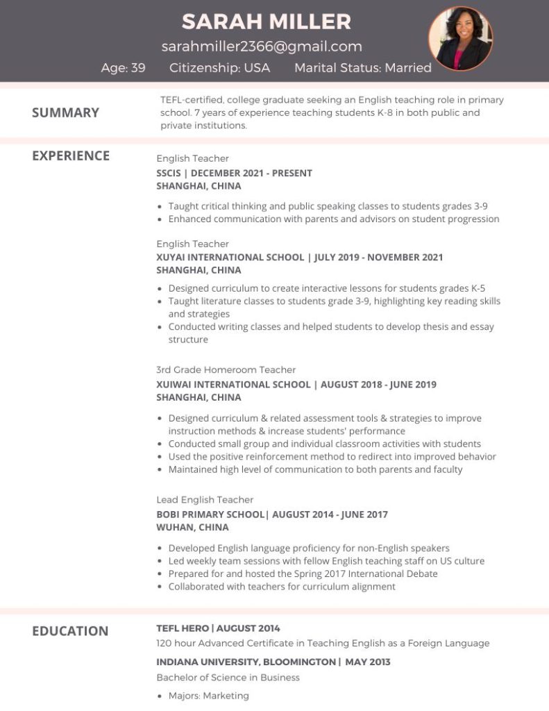 tefl resume example